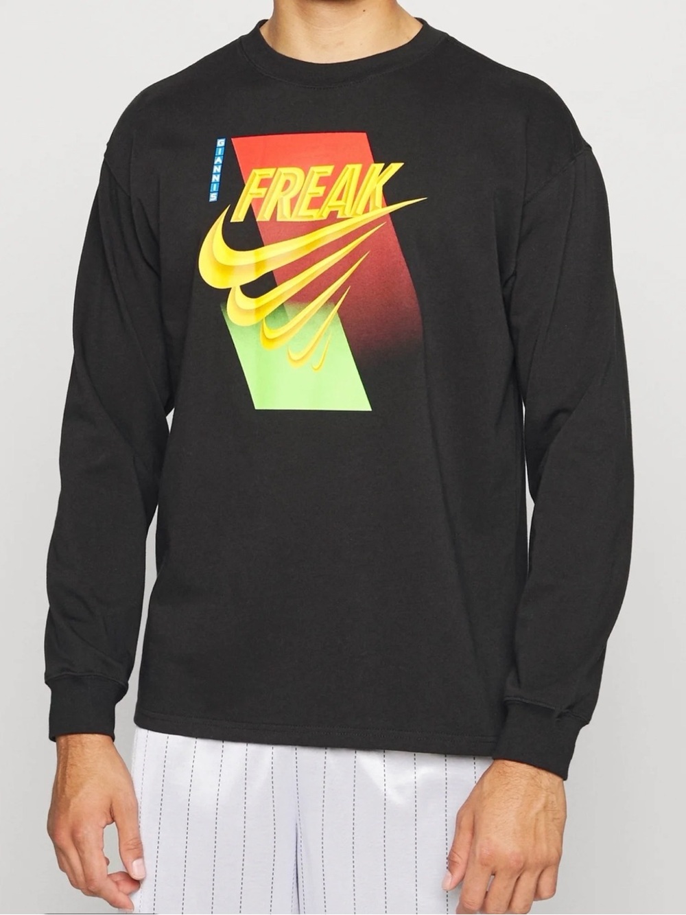 Nike Black Long Sleeve 'Freak' Graphic Tee with Yellow, Red & Green Logo
